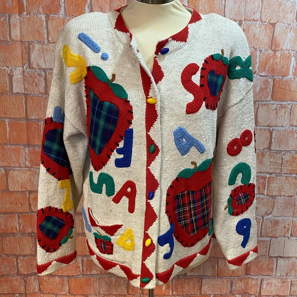 Design Options Vintage 90’s Teacher Themed Patchwork Cardigan Sweater